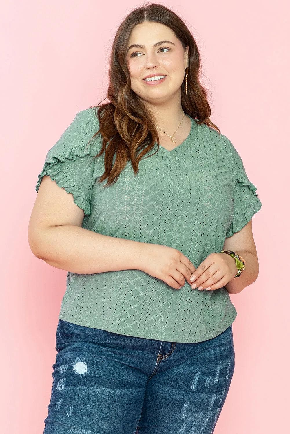 Plus Size/Plus Size Tops/Plus Size Blouses & Shirts Laurel Green Petal Sleeve Jacquard V Neck Curvy Blouse