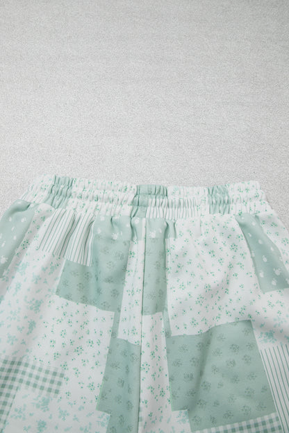 Green Patchwork Floral Print Drop Shoulder Baggy Pullover Drawstring Shorts Set