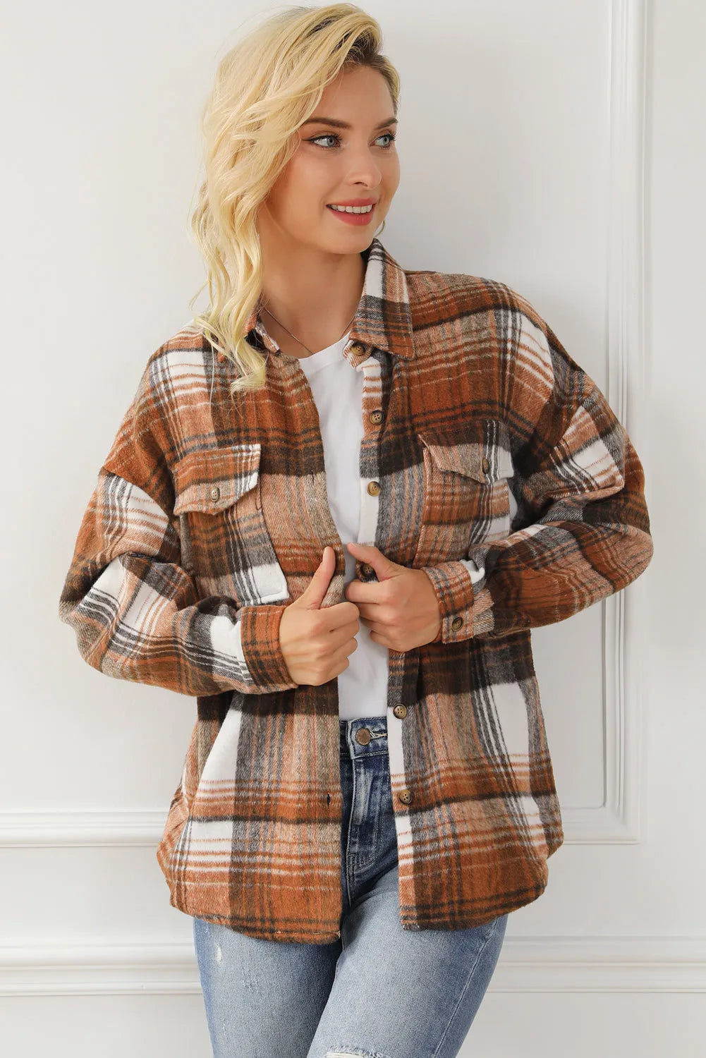 Brown Plaid Flap Pockets Shacket - Chic Meadow Boutique 