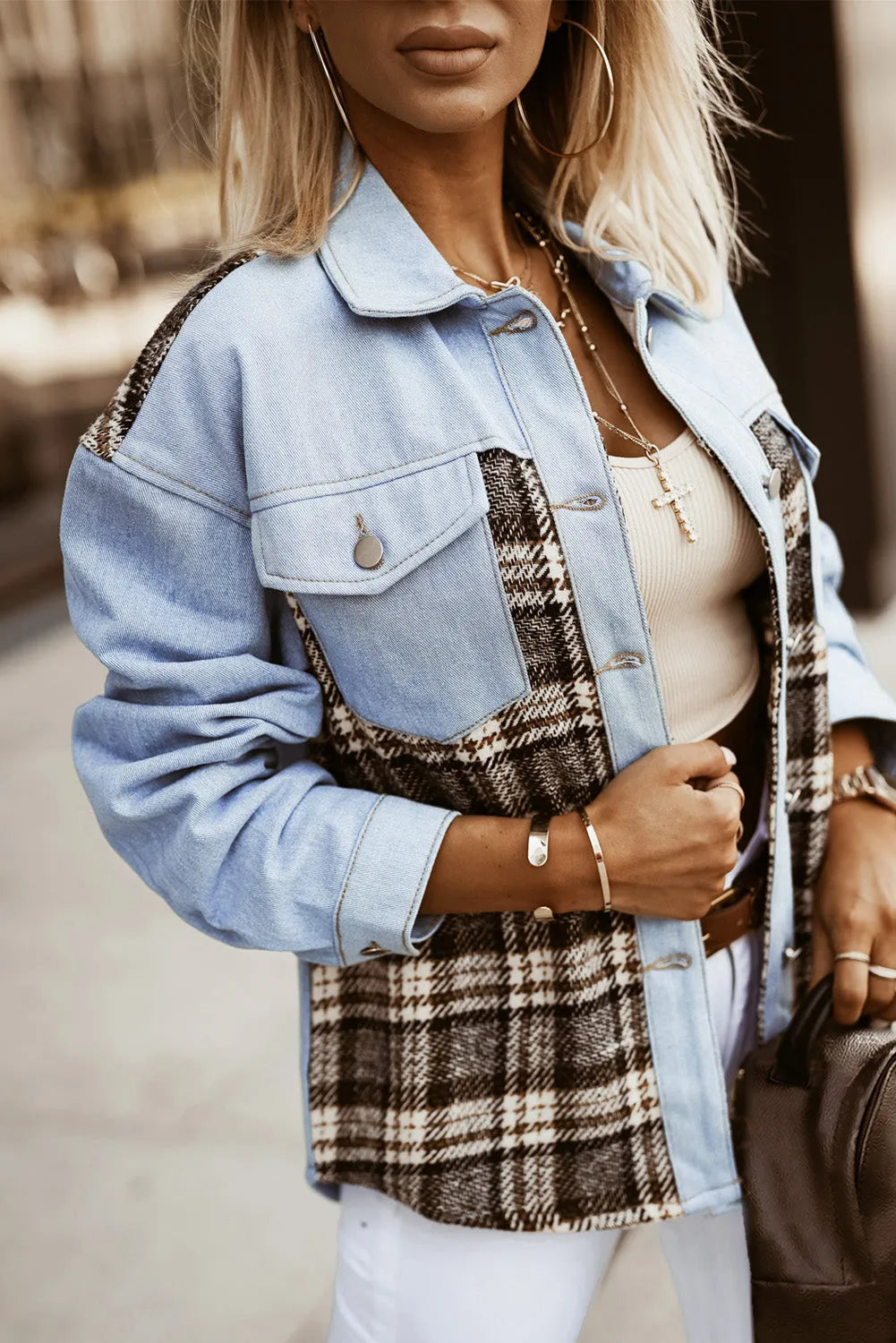 Sky Blue Plaid Patchwork Raw Hem Denim Jacket - Chic Meadow Boutique 