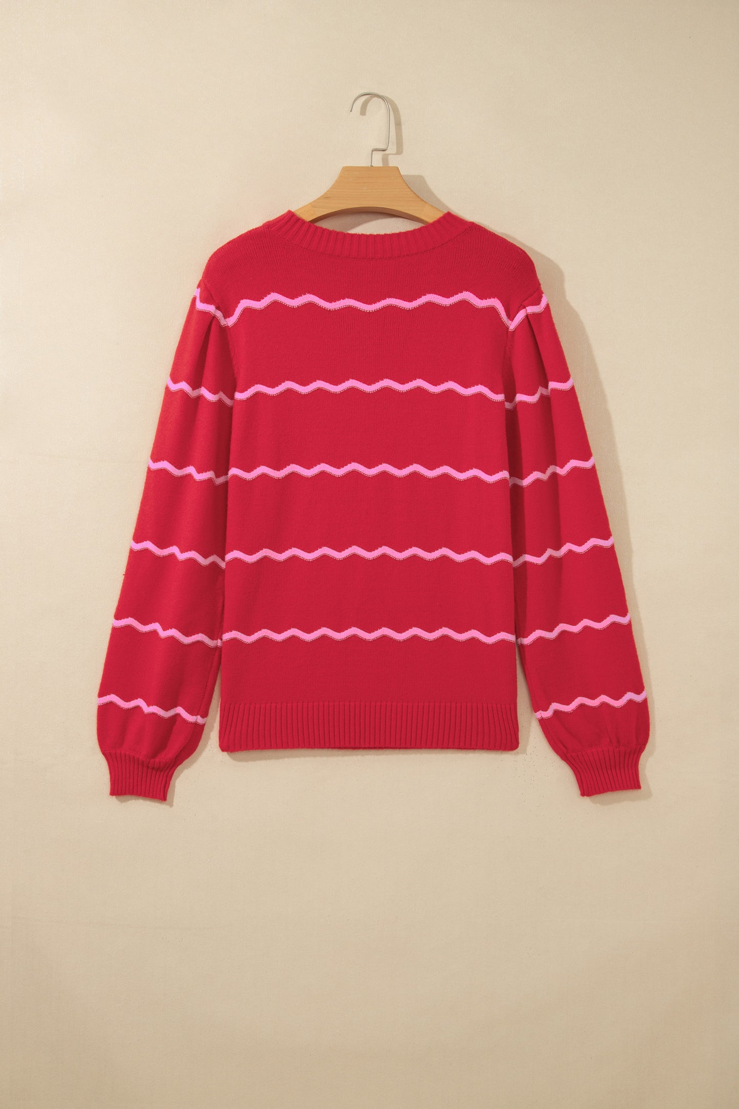 Red Stripe Striped Round Neck Long Sleeve Shift Pullover Sweater