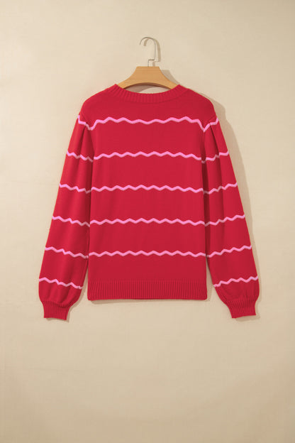 Red Stripe Striped Round Neck Long Sleeve Shift Pullover Sweater
