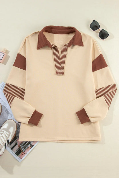 Light French Beige Striped Colorblock Patchwork Collar Sweatshirt - Chic Meadow Boutique 