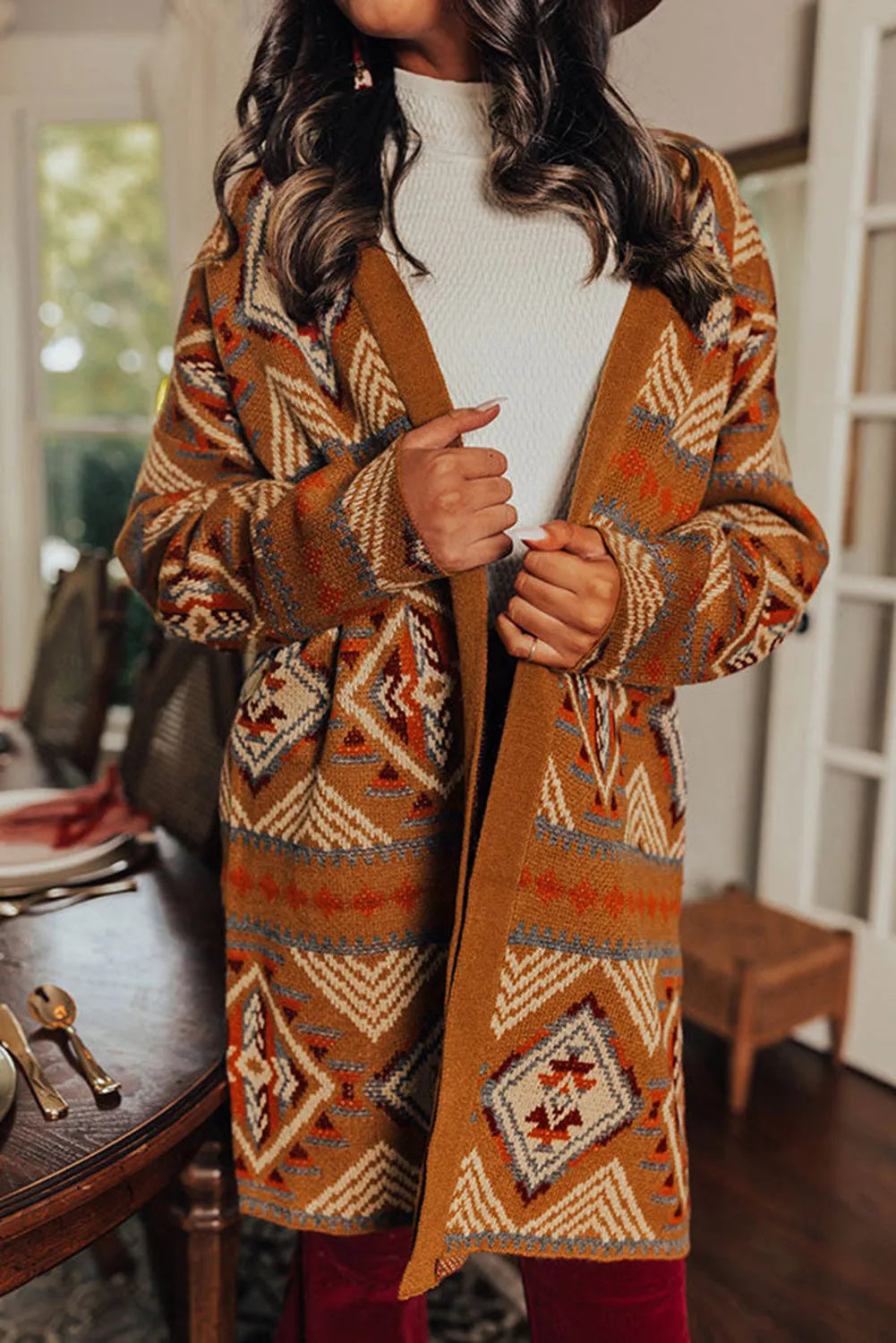 Brown Aztec Geometric Knit Open Front Cardigan - Chic Meadow Boutique 