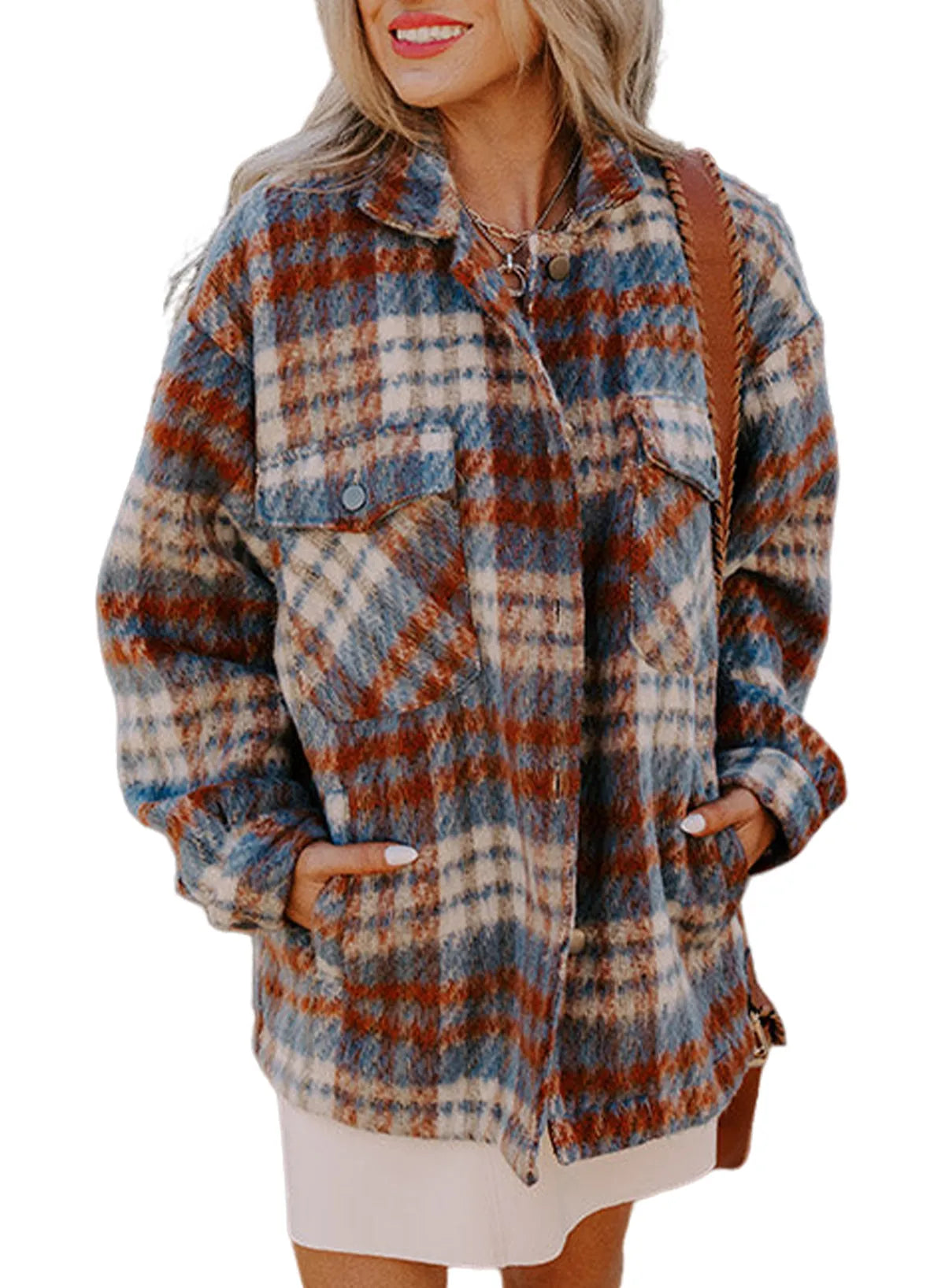 Cinnamon Plaid Print Chest Pockets Turn Down Collar Shacket - Chic Meadow Boutique 