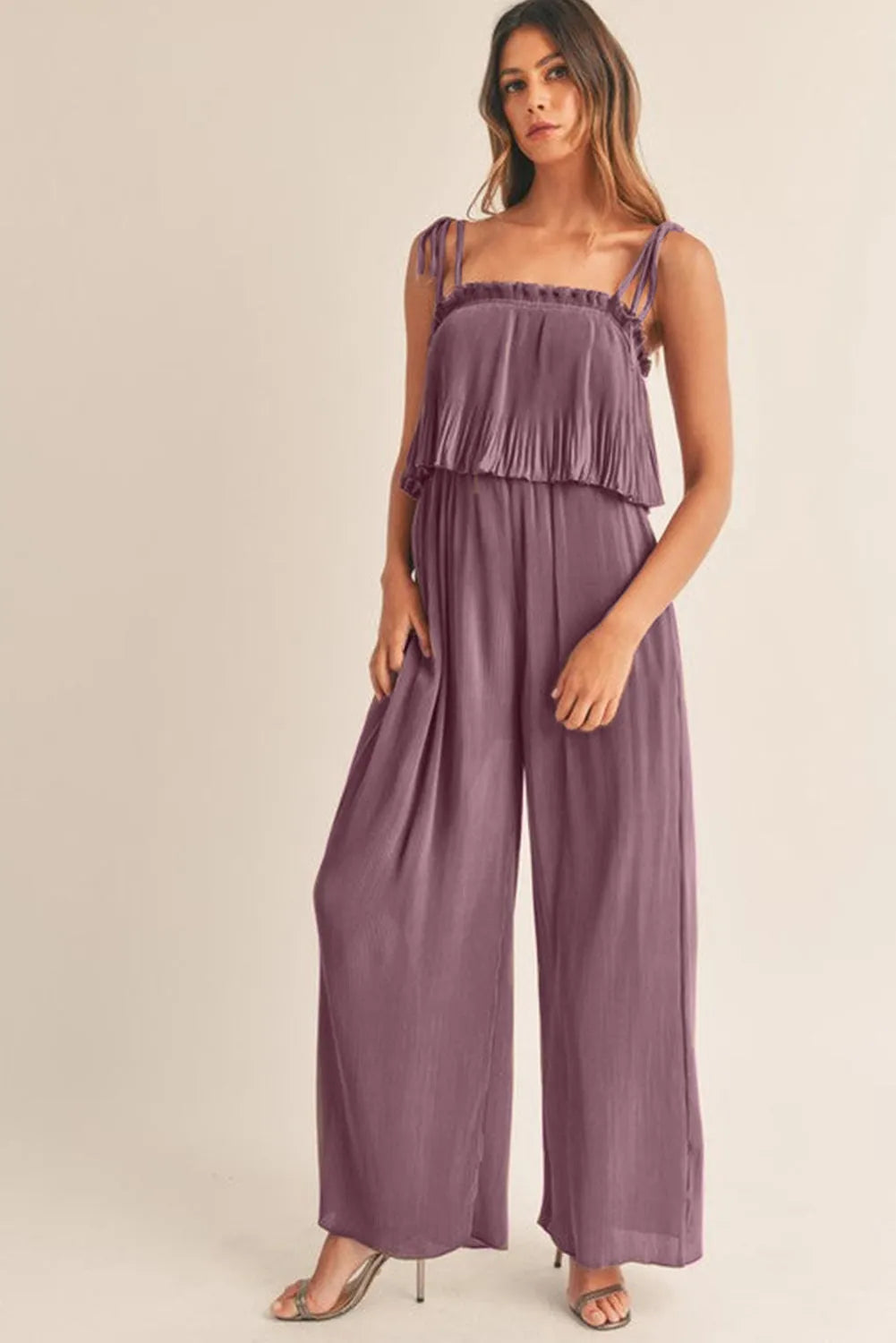 Rose Tan Solid Self Tied Straps Pleated Wide Leg Jumpsuit - Chic Meadow Boutique 