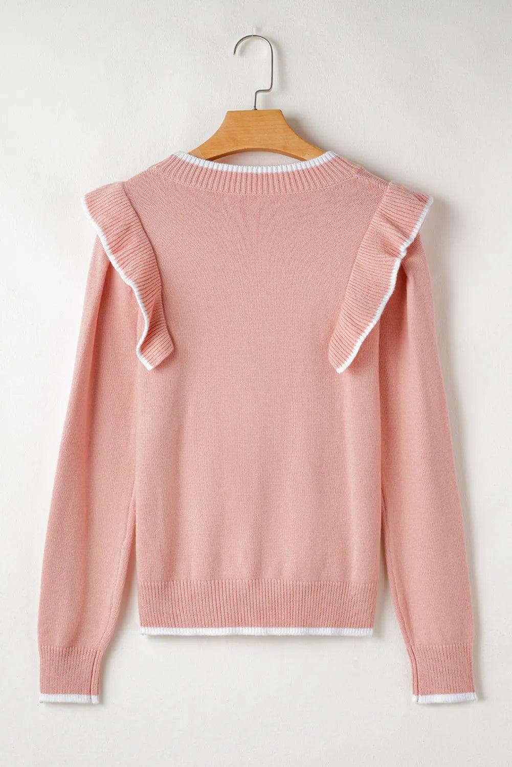 Sweaters & Cardigans/Sweaters Light Pink Ruffled Bowknot Ribbed Trim Long Sleeve Sweater