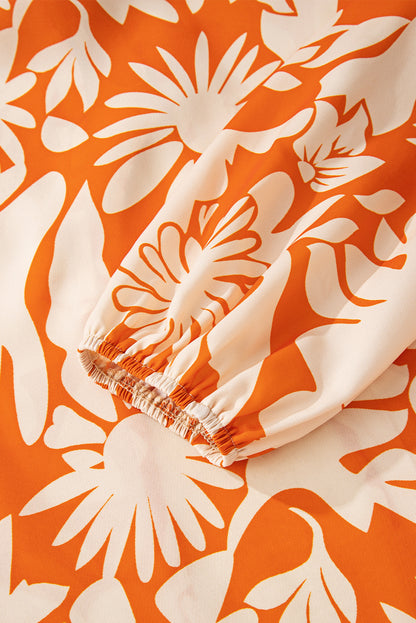 Orange Floral Print Knotted Open Back Long Sleeve Blouse