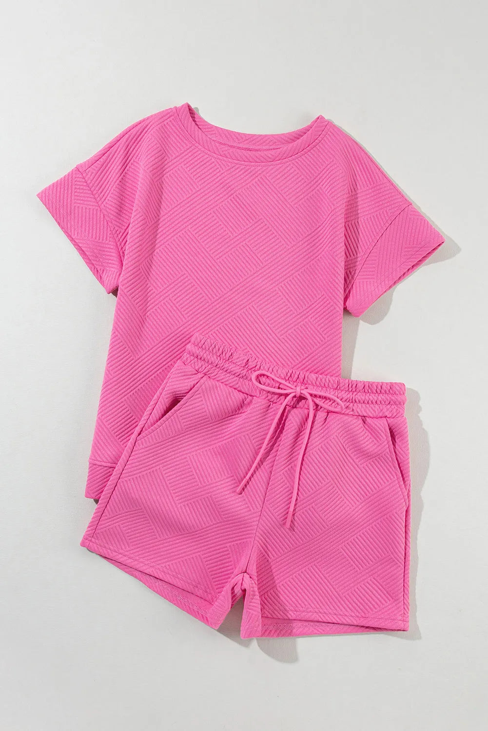 Strawberry Pink 2pcs Solid Textured Drawstring Shorts Set - Chic Meadow Boutique 