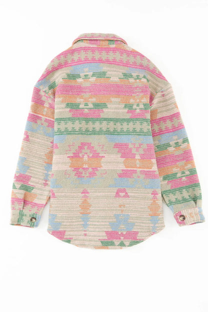 Multicolor Western Aztec Print Button Flap Pocket Shacket - Chic Meadow Boutique 