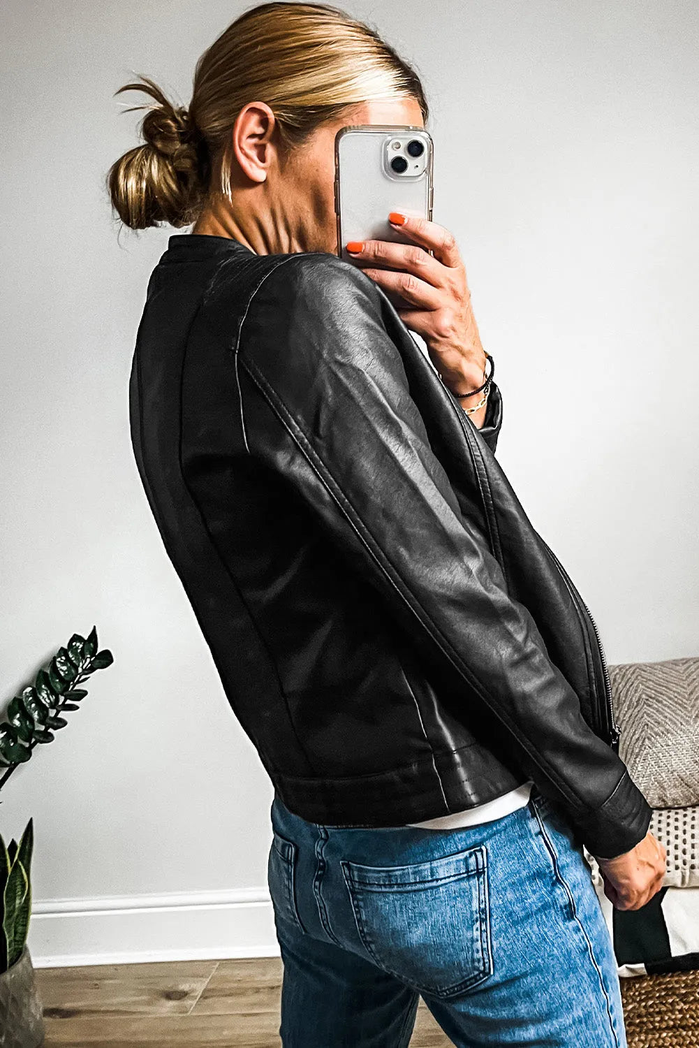 Black Solid Faux Leather Zipper Slim Fit Bomber Jacket - Chic Meadow Boutique 