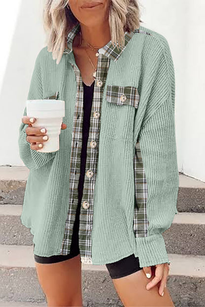 Grass Green Plaid Patchwork Waffle Thermal Knit Shacket