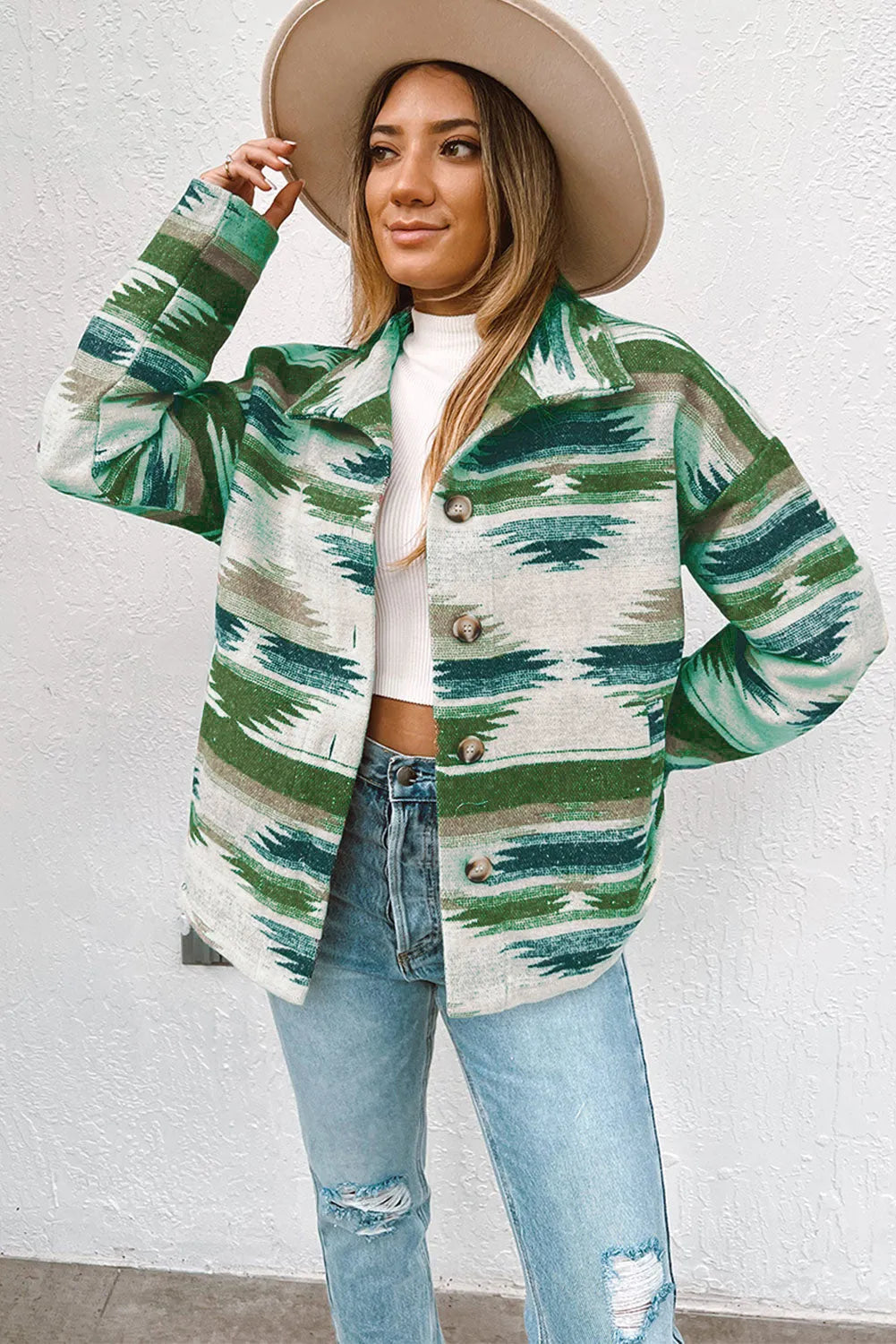 Blackish Green Aztec Print Button Up Long Sleeve Jacket - Chic Meadow Boutique 