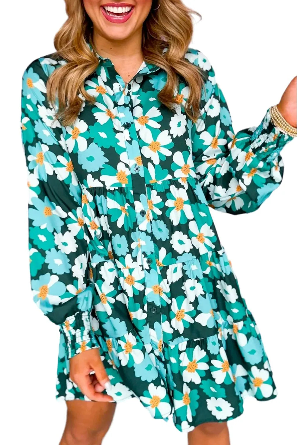 Green Floral Tiered Long Puff Sleeve Shirt Dress - Chic Meadow Boutique 