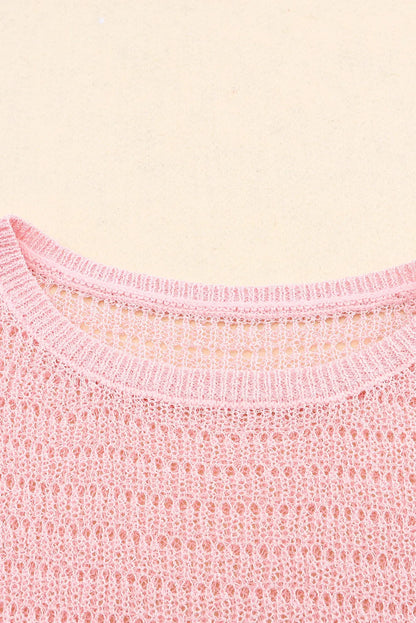 Pink Knitted Eyelets Round Neck Long Sleeve Top - Chic Meadow Boutique 