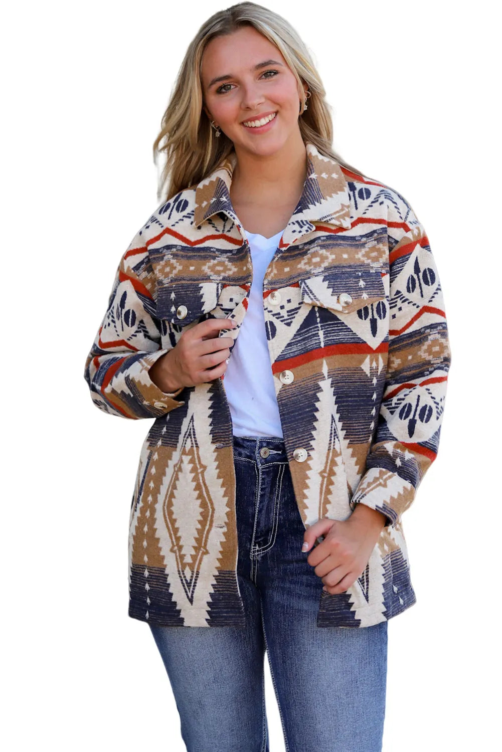 Multicolor Aztec Print Button-Up Oversized Jacket - Chic Meadow Boutique 