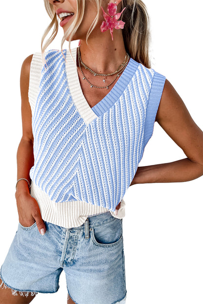 Sky Blue Contrast Chevron Knit V Neck Sweater Vest