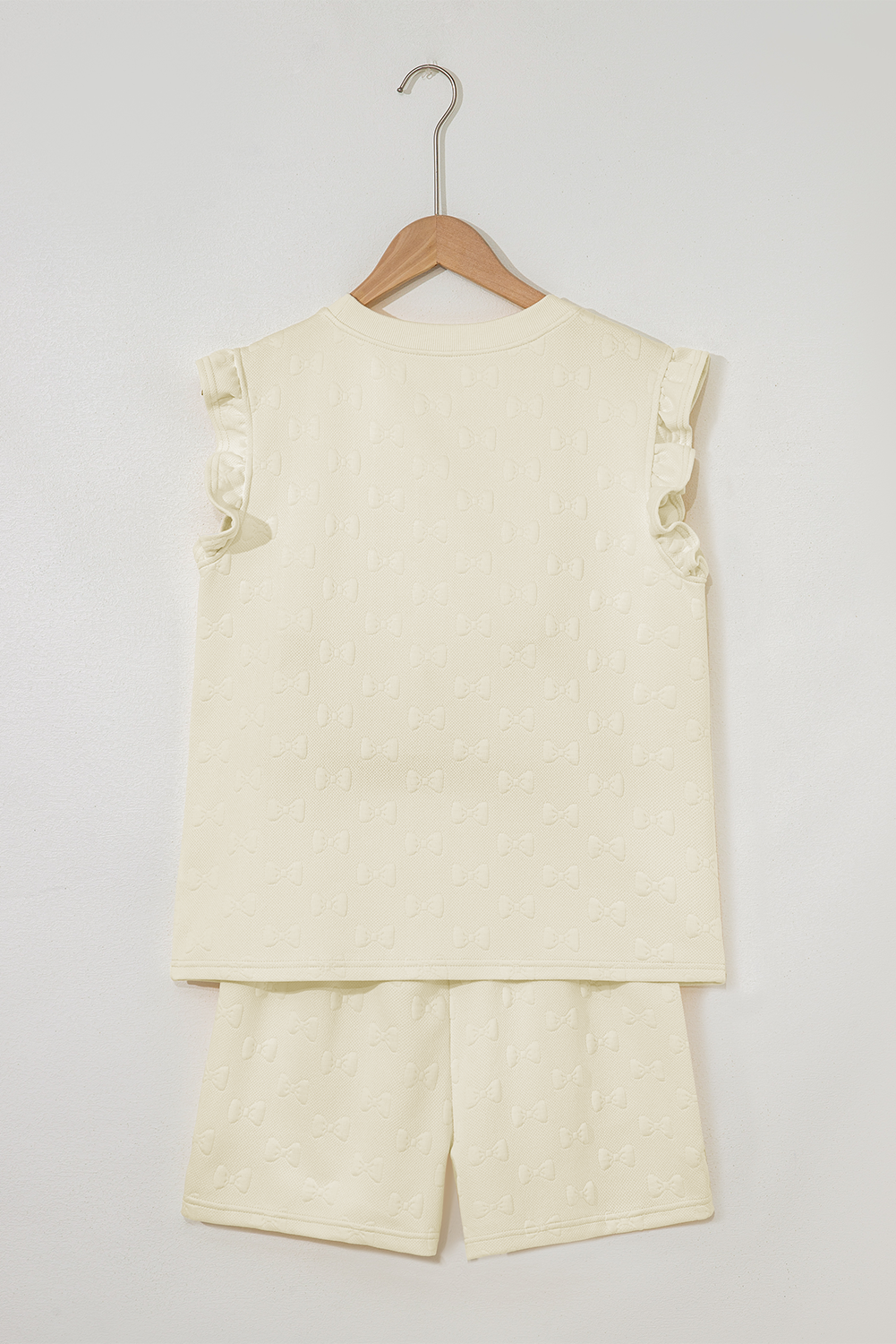 White Bow Jacquard Ruffle Sleeve Short 2pcs Outfit