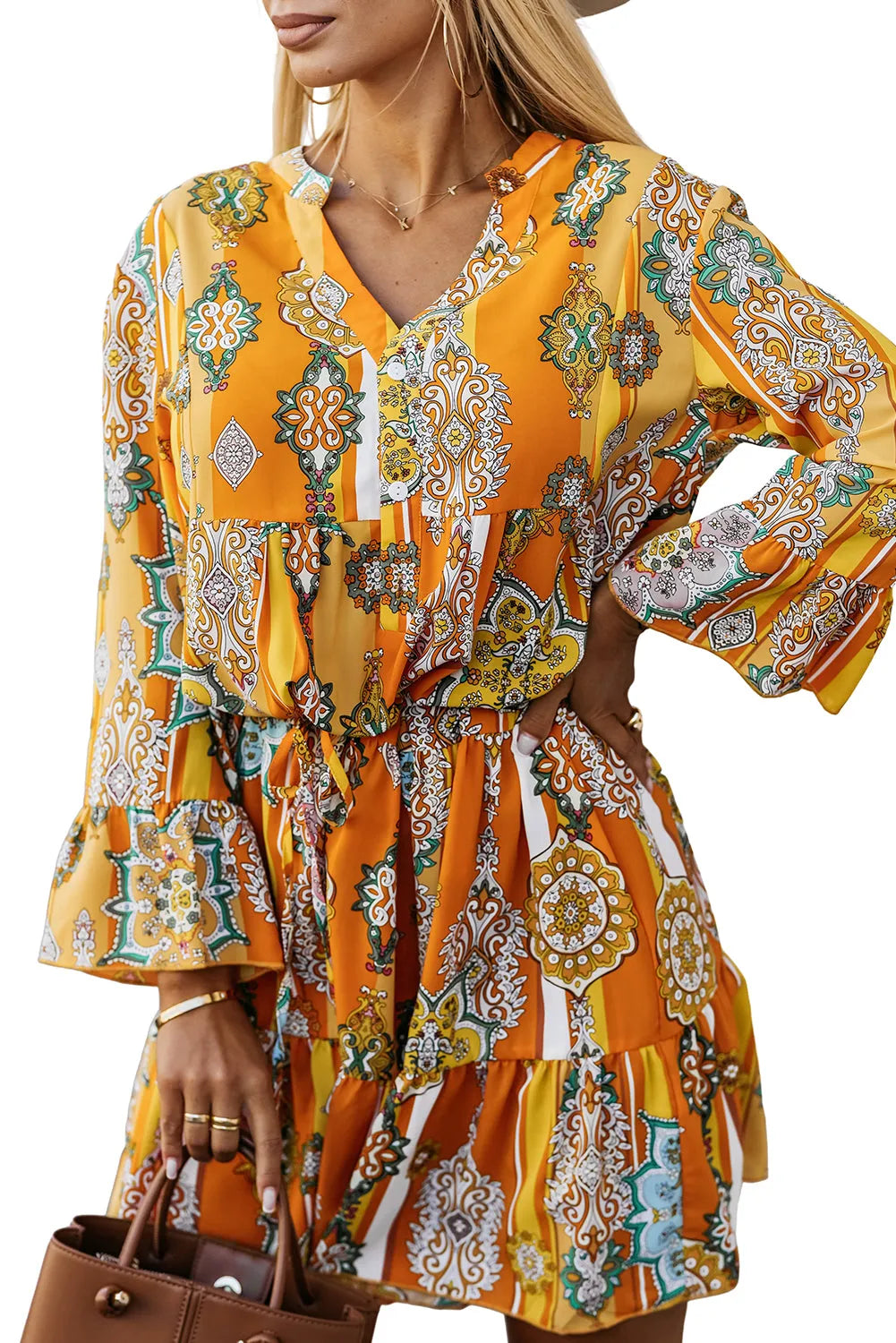 Orange Boho Geometric Print Buttoned V Neck Mini Dress - Chic Meadow Boutique 