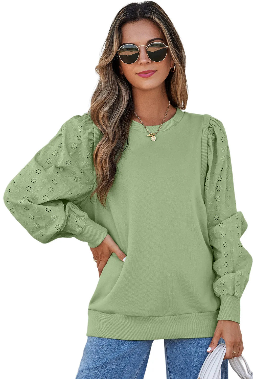 Mist Green Solid Patchwork Sleeve Round Neck Sweatshirt - Chic Meadow Boutique 