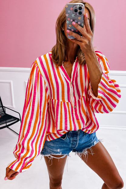 Orange Stripe Balloon Sleeve Notched V Neck Buttoned Front Blouse