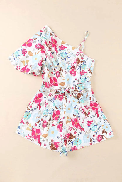 White Floral Single Bubble Sleeve Slant Shoulder Romper - Chic Meadow Boutique 