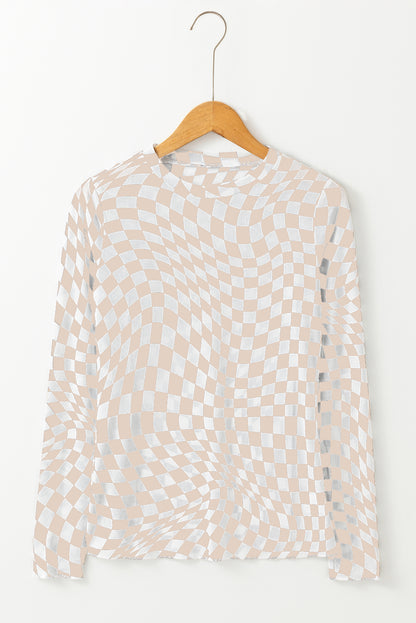 Khaki Checkered Pattern Mesh Mock Neck Long Sleeve Top