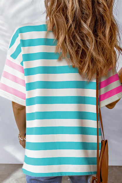 Blue Stripe Contrast Patch Pocket Drop Sleeve T Shirt - Chic Meadow Boutique 