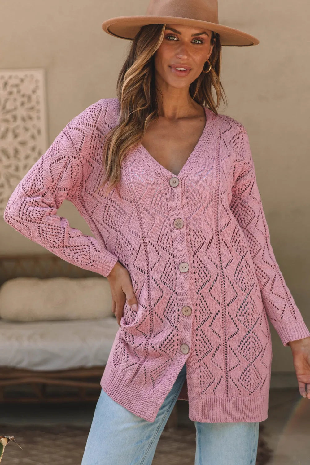 Pink Hollow-out Openwork Knit Cardigan - Chic Meadow Boutique 