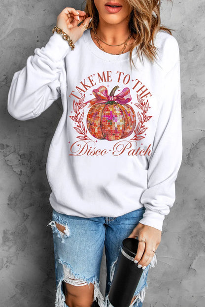 Beige Halloween Disco Ball Pumpkin Print Pullover Sweatshirt - Chic Meadow Boutique 