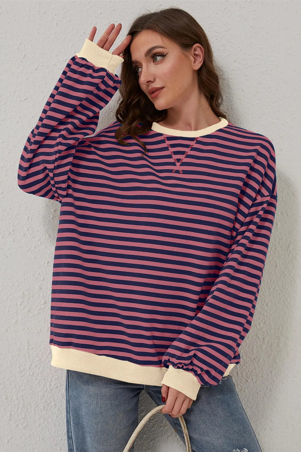 Red Stripe Oversized Contrast Trim Pullover Sweatshirt - Chic Meadow Boutique 