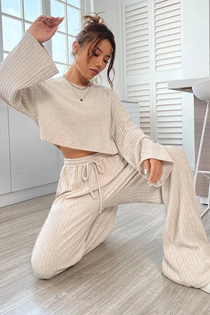 Two Piece Sets/Pant Sets Khaki Ribbed Knit Bell Sleeve Crop Top Drawstring Pants Set