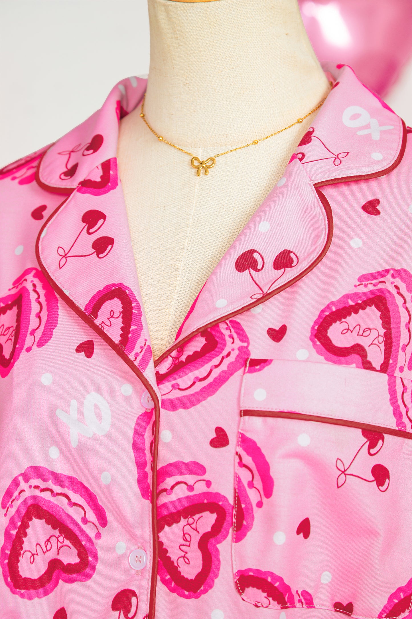 Pink Sweet Heart Cake Print Contrast Ruffle Trim Valentines 2pcs Pajama Set