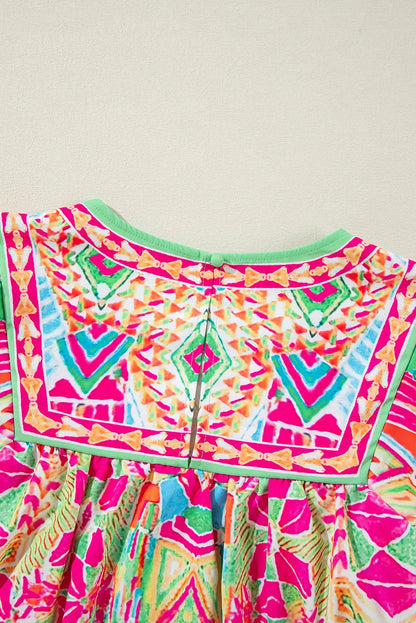 Orange Geometric Print Long Sleeve Keyhole Back Blouse - Chic Meadow Boutique 