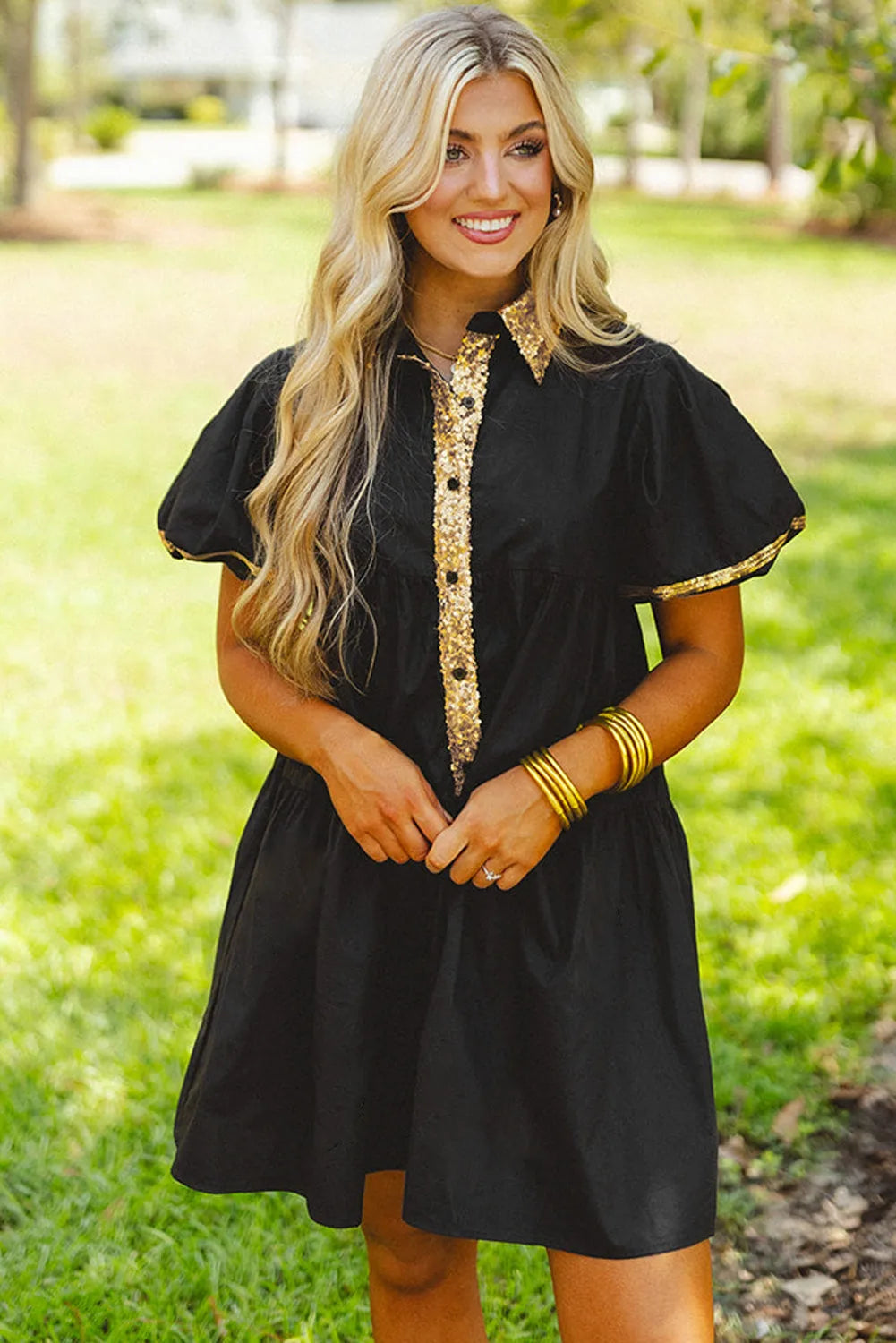 Black Sequin Trim Bubble Sleeve Game Day Shirt Dress - Chic Meadow Boutique 