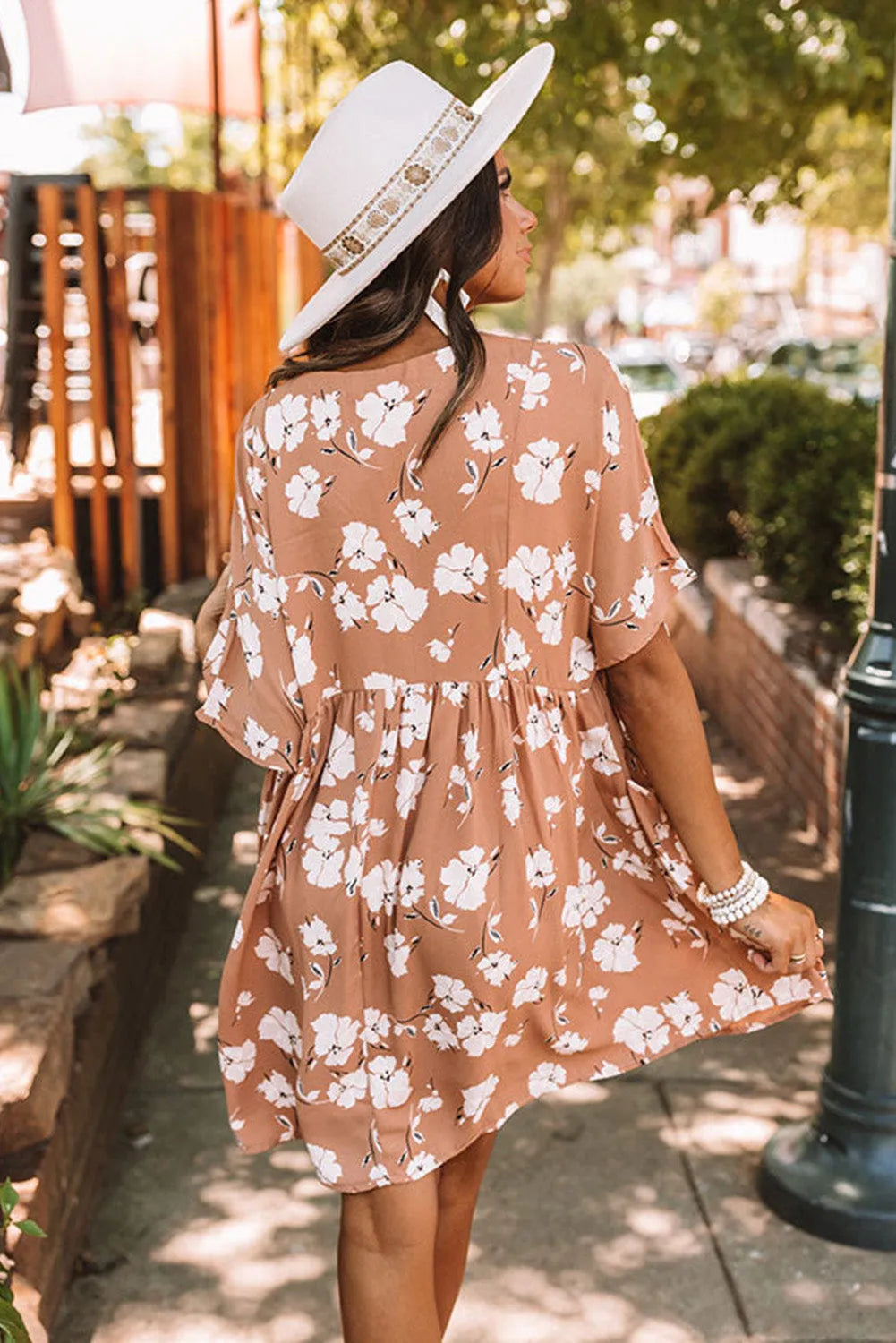 Khaki V Neck Floral Babydoll Dress with Pockets - Chic Meadow Boutique 