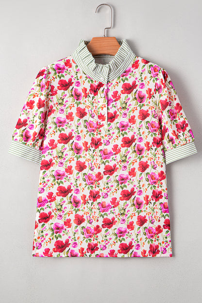Red Floral Print Striped Patchwork Collared Short Sleeve Blouse