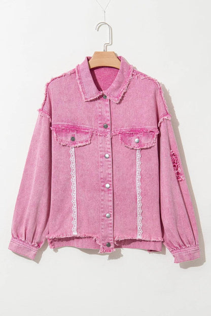 Outerwear/Denim jackets Pink / S / 100%Cotton Pink Lace Patchwork Distressed Buttoned Denim Jacket