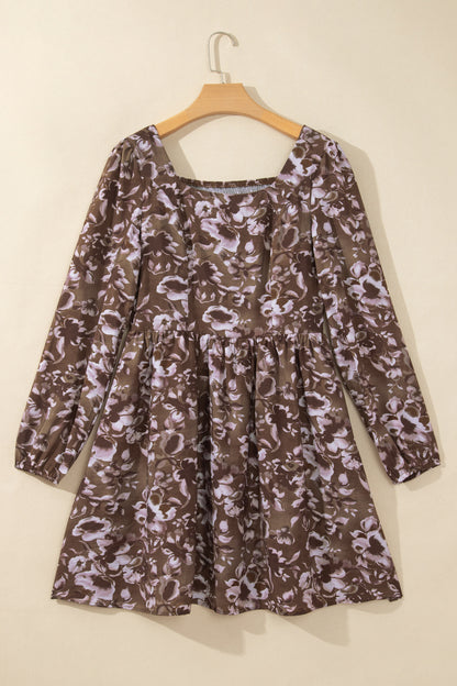 Brown Abstract Floral Print Square Neck Long Sleeve Mini Shift Dress