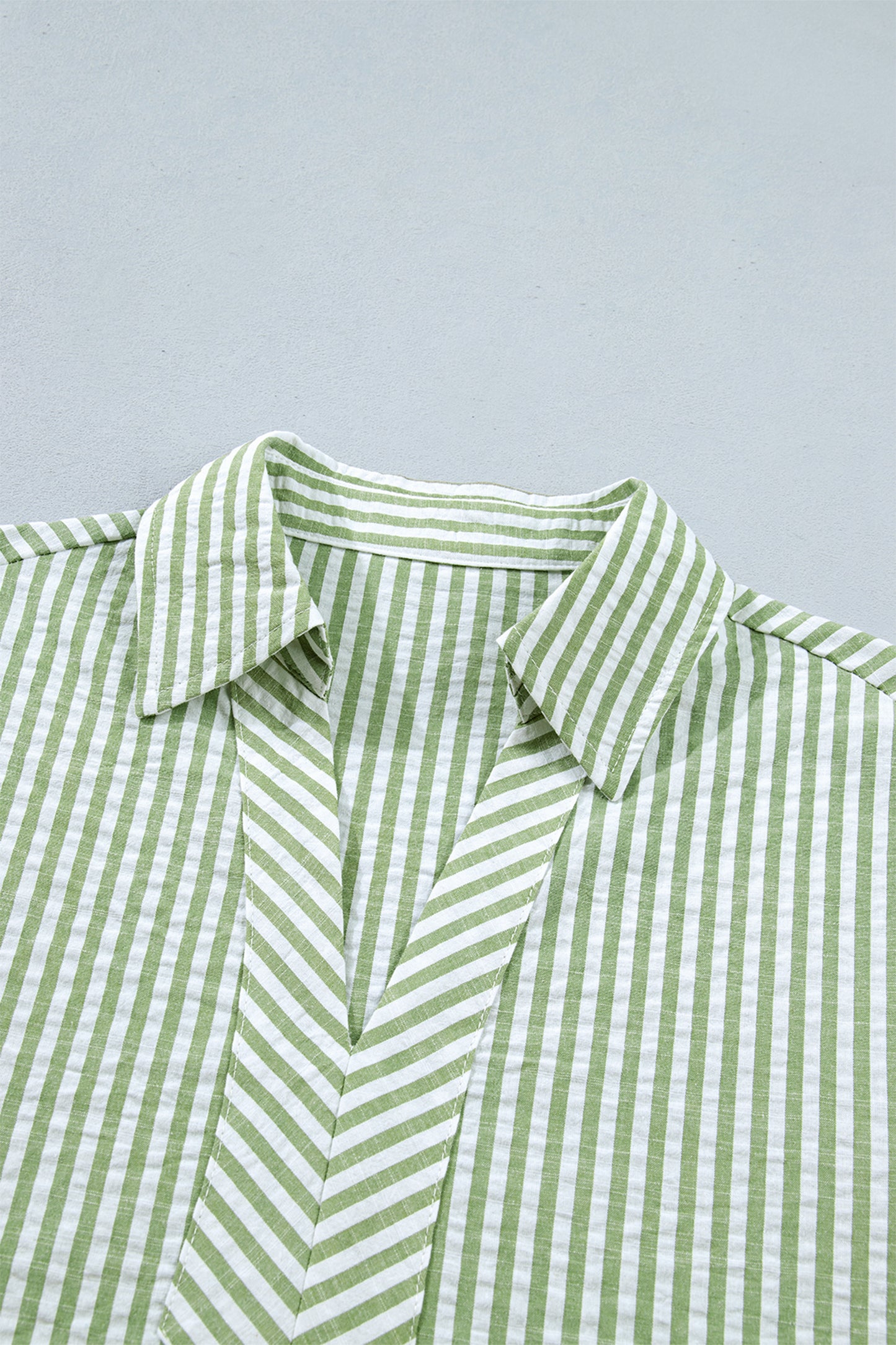 Green Stripe Shirt Collar Half Sleeve Blouse