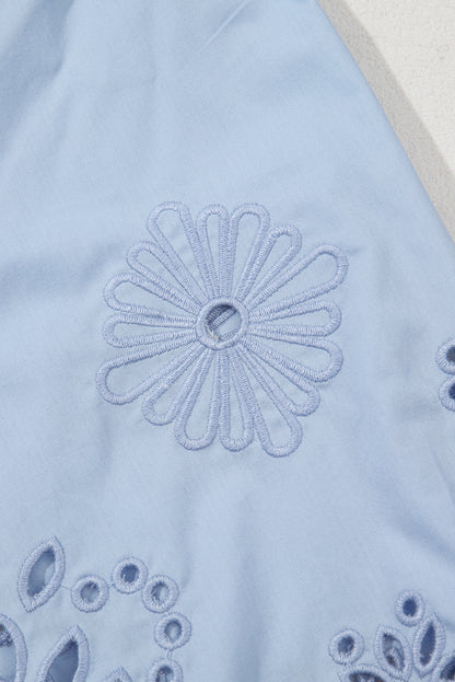 Beau Blue Eyelet Flower Embroidered Puff Short Sleeve Patchwork Crew Neck Blouse