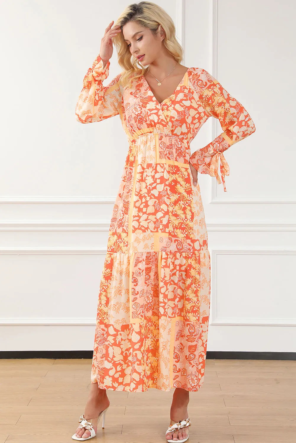 Orange Boho Floral Wrap V Neck Tie Long Sleeve Dress - Chic Meadow Boutique 