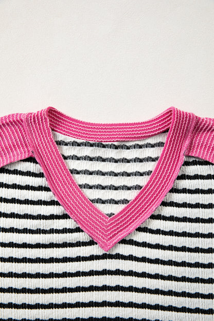 Black Stripe Textured Knit Twisted Rib Contrast Patchwork V Neck Long Sleeve Top