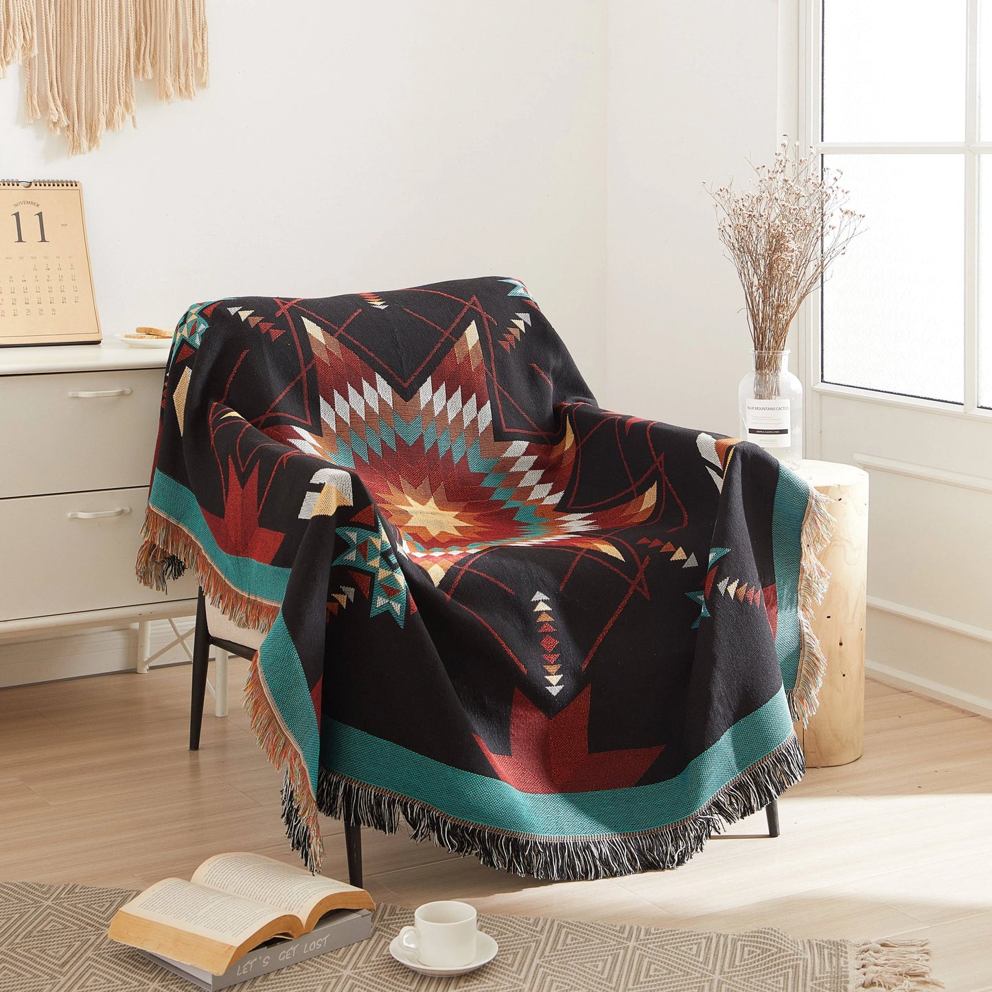 Woven Indigenous Star Throw - Black - Chic Meadow Boutique 