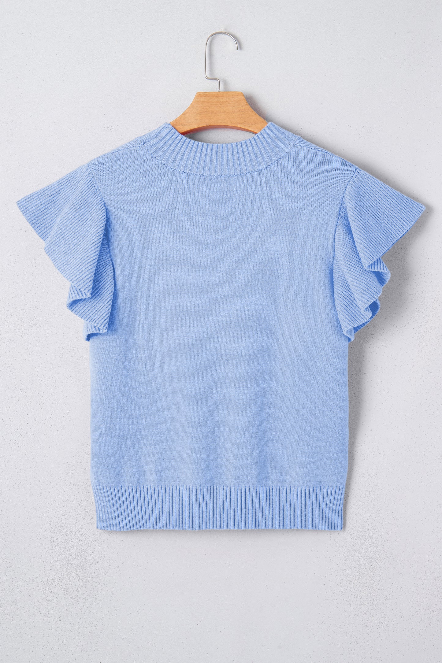 Beau Blue Solid Color Ribbed Trim Round Neck Ruffle Short Sleeve Sweater