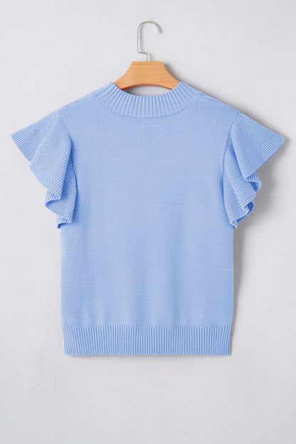 Beau Blue Solid Color Ribbed Trim Round Neck Ruffle Short Sleeve Sweater