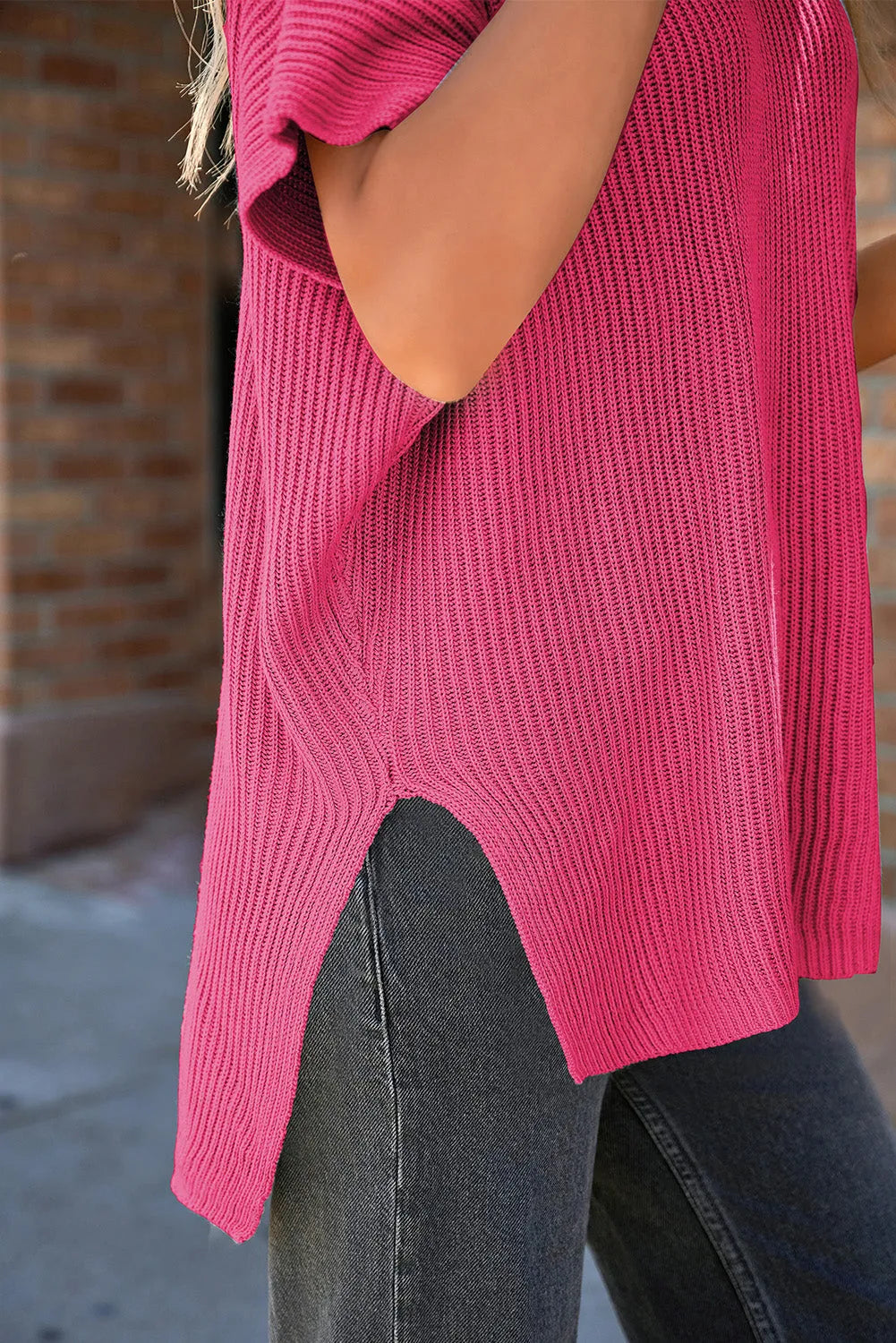 Rose Red Short Sleeve Side Slit Oversized Sweater - Chic Meadow Boutique 