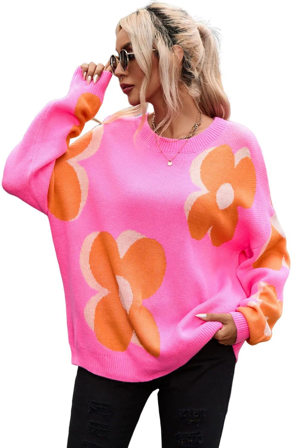 Flower Pattern Slouchy Sweater - Chic Meadow Boutique 