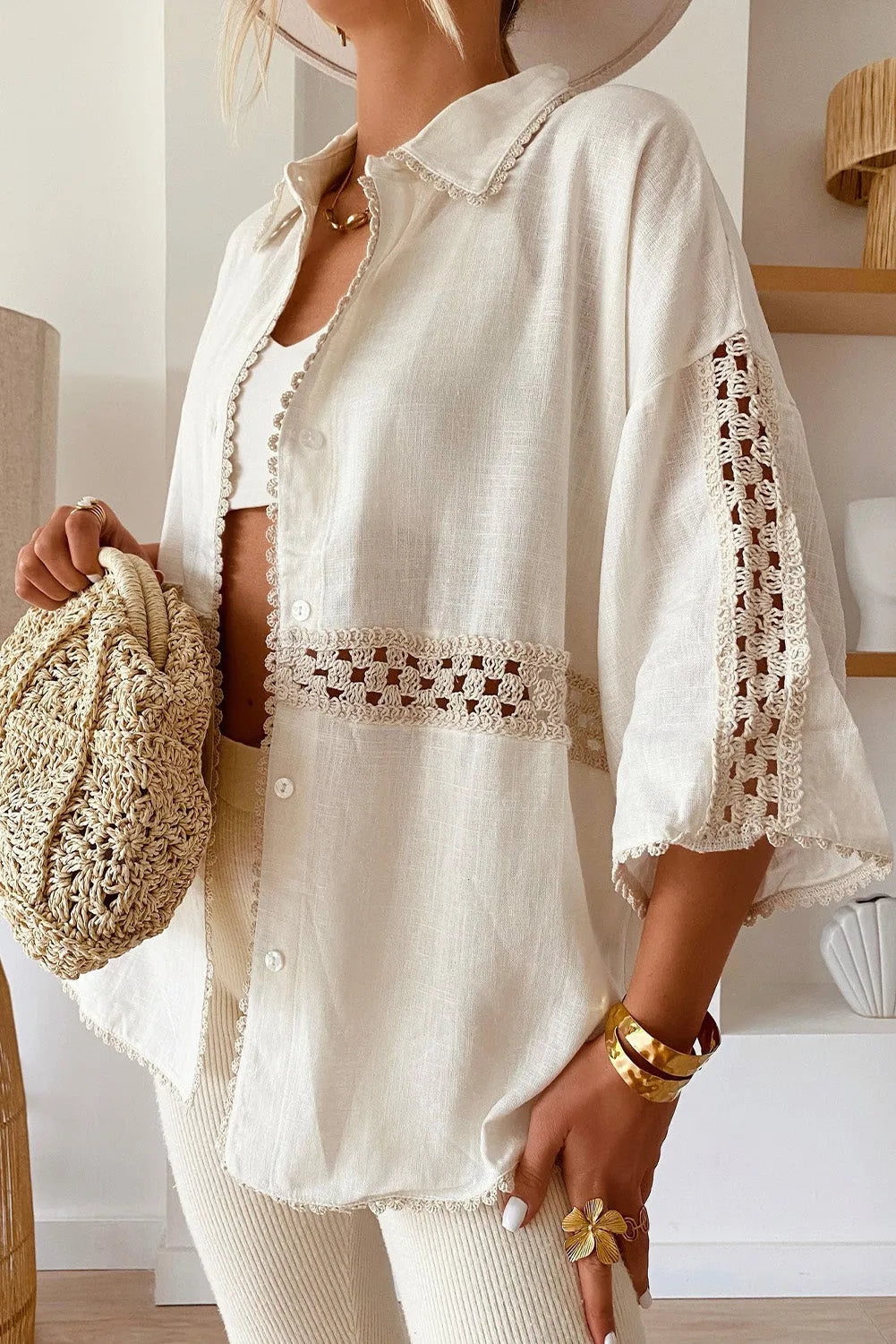 White Crochet Patchwork Half Sleeve Scallop Edge Shirt - Chic Meadow Boutique 