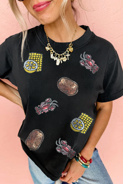Black Sequin Crawfish Potato Lemon Corn Graphic Crewneck T Shirt